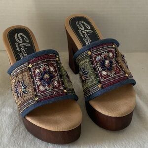 Sbicca Red and Blue Mules with Embroidered Design